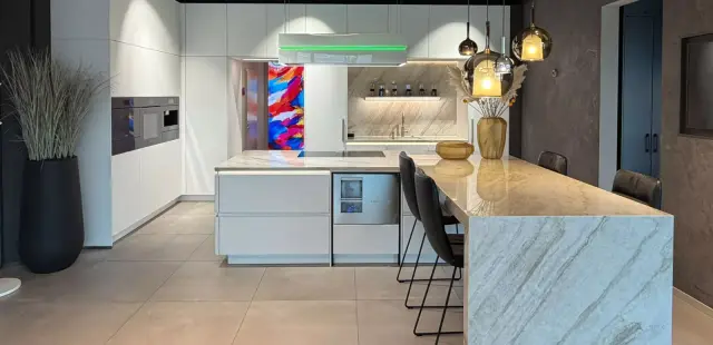 Inselküche mit Fronten aus Organic Glas, Naturstein-Arbeitsplatte und Elektrogeräten in Heidelberg