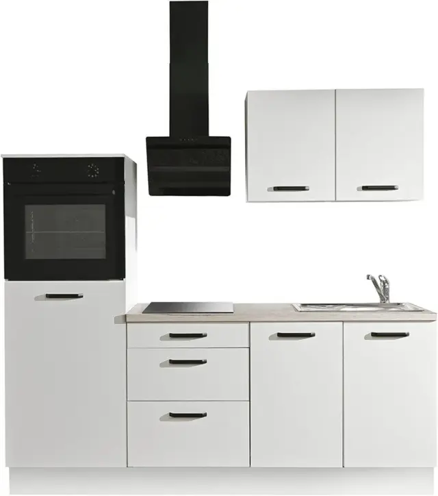Moderne Küche in Weiß mit Arbeitsplatte aus Holzwerkstoff von wiho Küchen