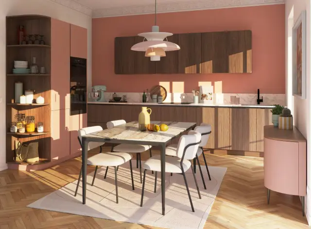 Moderne Küche in Arcos Eolis in „Fox Trot“ (melaminbeschichtet, 25 Farben), Loft in „Peach“ (matter Hydrolack, 21 Farben) mit Arbeitsplatte aus Schichtstoff in „Gold Marmor“ von Schmidt Küchen