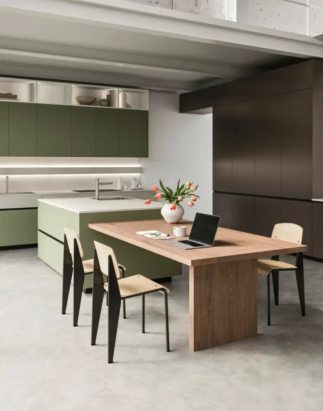 Moderne Küche mit Kochinsel in Linoil Forest Tech Natural / Sheer Bronze Tech Metallic mit Arbeitsplatte aus Laminat (Ash Resin) von Snaidero