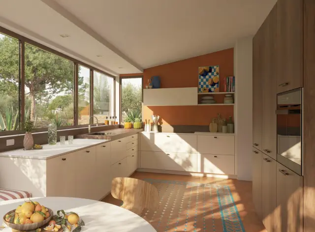 Moderne Küche in Front „Magnolia“ (melaminbeschichtet), laut Katalog in 25 Farben ohne Mehrpreis mit Arbeitsplatte aus Schichtstoff in „Fox“ von Schmidt Küchen